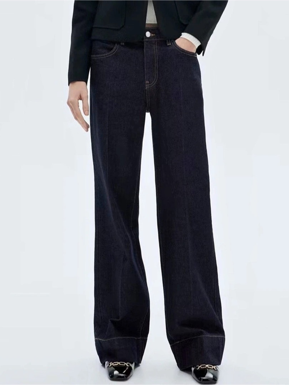 Mango Creased High Waist Wide Leg Jeans Blue EU 38
